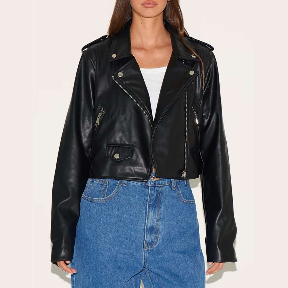PrettyLittleThing Petite BLACK BASIC FAUX LEATHER POCKET DETAIL BIKER JACKET